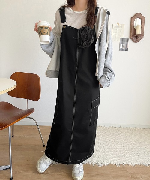 classicalelf（クラシカルエルフ）の「大人が着るカジュアル新定番！綿100％配色ステッチロング丈ジャンパースカート（ジャンパースカート・レディース・アイボリー/チャコール/ブラック・SMALL/MEDIUM/LARGE/X-LARGE）」の19枚目の写真