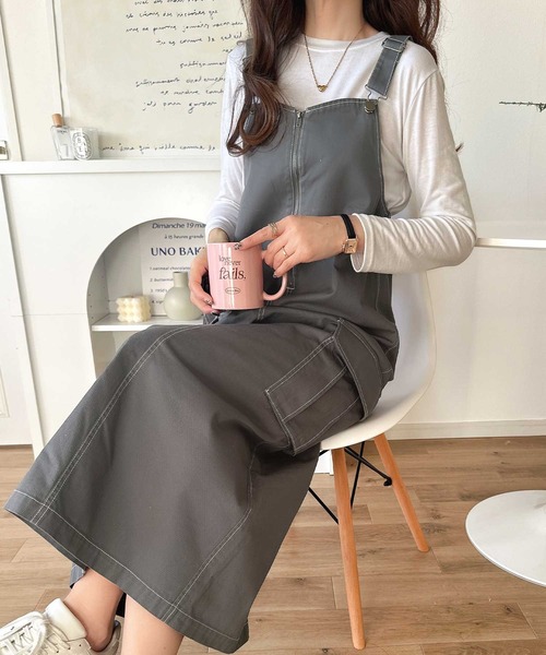 classicalelf（クラシカルエルフ）の「大人が着るカジュアル新定番！綿100％配色ステッチロング丈ジャンパースカート（ジャンパースカート・レディース・アイボリー/チャコール/ブラック・SMALL/MEDIUM/LARGE/X-LARGE）」の13枚目の写真