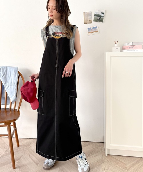 classicalelf（クラシカルエルフ）の「大人が着るカジュアル新定番！綿100％配色ステッチロング丈ジャンパースカート（ジャンパースカート・レディース・アイボリー/チャコール/ブラック・SMALL/MEDIUM/LARGE/X-LARGE）」の5枚目の写真