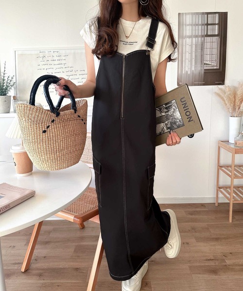 classicalelf（クラシカルエルフ）の「大人が着るカジュアル新定番！綿100％配色ステッチロング丈ジャンパースカート（ジャンパースカート・レディース・アイボリー/チャコール/ブラック・SMALL/MEDIUM/LARGE/X-LARGE）」の8枚目の写真