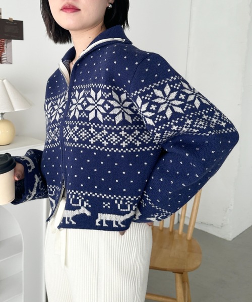 CLEA(クレア)の「ノルディックカウチンジップニットカーディガン(ニット/セーター・レディース・レッド/アイボリー/ブルー・FREE)」の14枚目の写真