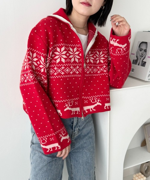 CLEA(クレア)の「ノルディックカウチンジップニットカーディガン(ニット/セーター・レディース・レッド/アイボリー/ブルー・FREE)」の17枚目の写真