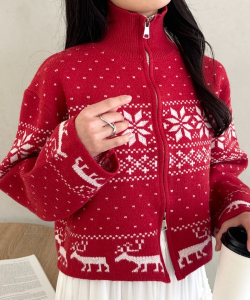 CLEA(クレア)の「ノルディックカウチンジップニットカーディガン(ニット/セーター・レディース・レッド/アイボリー/ブルー・FREE)」の22枚目の写真