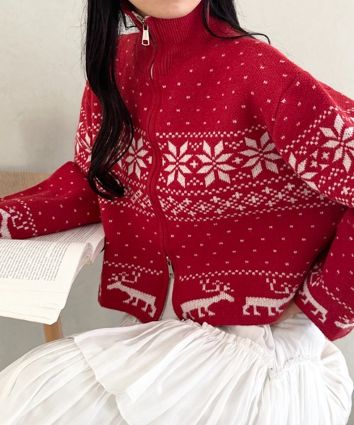 CLEA(クレア)の「ノルディックカウチンジップニットカーディガン(ニット/セーター・レディース・レッド/アイボリー/ブルー・FREE)」の21枚目の写真