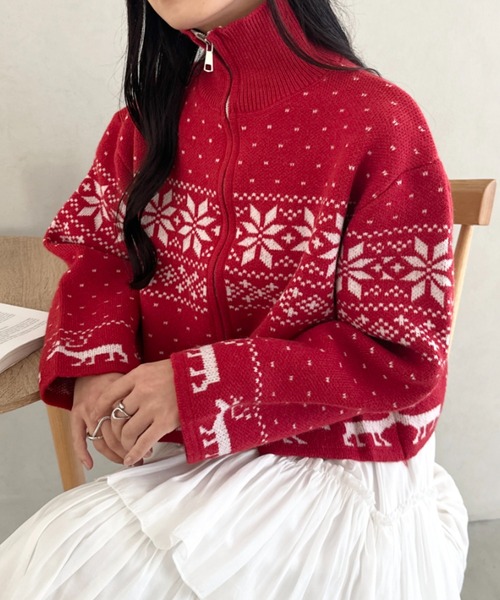 CLEA(クレア)の「ノルディックカウチンジップニットカーディガン(ニット/セーター・レディース・レッド/アイボリー/ブルー・FREE)」の20枚目の写真