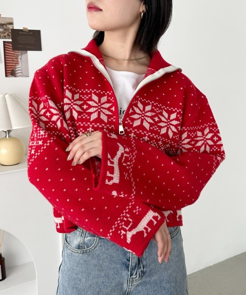 CLEA(クレア)の「ノルディックカウチンジップニットカーディガン(ニット/セーター・レディース・レッド/アイボリー/ブルー・FREE)」の19枚目の写真