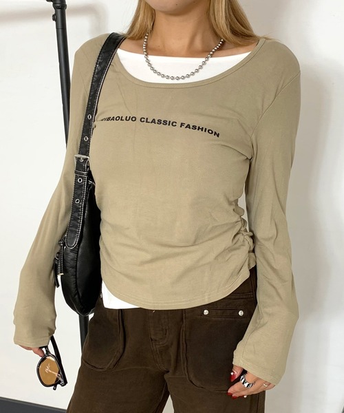 non-hedge(ノンヘッジ)の「アンサンブル風ショート丈ロンT(Tシャツ/カットソー・レディース・ブラック/ベージュ/オフホワイト・FREE)」の3枚目の写真