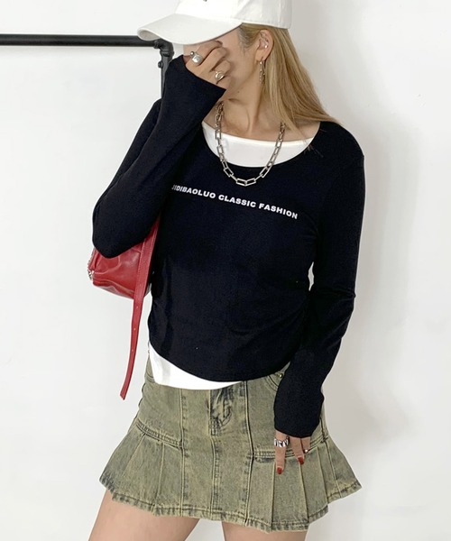 non-hedge(ノンヘッジ)の「アンサンブル風ショート丈ロンT(Tシャツ/カットソー・レディース・ブラック/ベージュ/オフホワイト・FREE)」の1枚目の写真