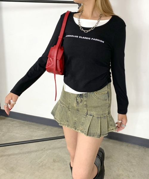 non-hedge(ノンヘッジ)の「アンサンブル風ショート丈ロンT(Tシャツ/カットソー・レディース・ブラック/ベージュ/オフホワイト・FREE)」の7枚目の写真