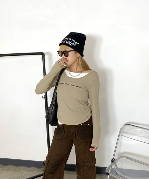 non-hedge(ノンヘッジ)の「アンサンブル風ショート丈ロンT(Tシャツ/カットソー・レディース・ブラック/ベージュ/オフホワイト・FREE)」の9枚目の写真