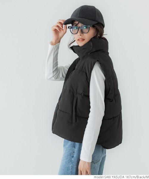 coca（coca）（コカ）の「中綿ベスト ハイネック ショート丈（ダウンベスト・レディース・カーキ/ブラック・L/M）」の14枚目の写真