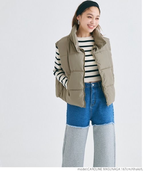 coca（coca）（コカ）の「中綿ベスト ハイネック ショート丈（ダウンベスト・レディース・カーキ/ブラック・L/M）」の10枚目の写真