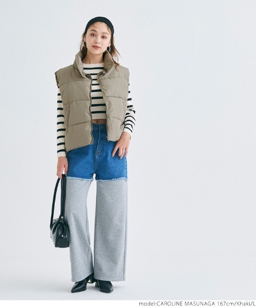 coca（coca）（コカ）の「中綿ベスト ハイネック ショート丈（ダウンベスト・レディース・カーキ/ブラック・L/M）」の9枚目の写真