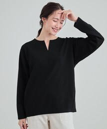 ◆【洗える/S-LL】洗濯後しわになりにくい 首元すっきりキーネックトップス