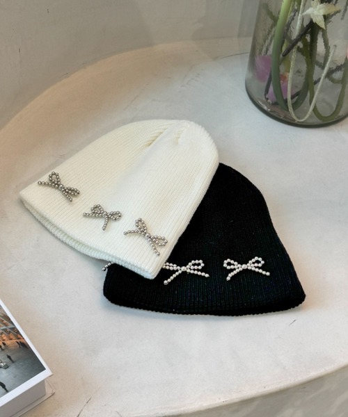 clear（クリア）の「リボンビジューニット帽[バレエコア 韓国ファッション]≪再入荷≫（ニットキャップ/ビーニー・レディース・ブラック/アイボリー/グレー・F）」の6枚目の写真