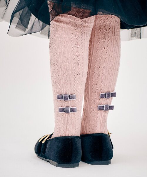 apres les cours（アプレレクール）の「ベロアリボン付きタイツ（タイツ/ストッキング・キッズ・チャコール/ピンク・90/100/110/120/140）」の2枚目の写真