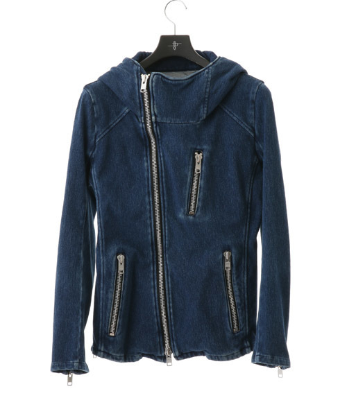 NO ID.(ノーアイディ)の「mj3272 - ニットデニムフーデッドライダースブルゾン(ライダースジャケット・メンズ・ブルー系その他/ブラック・1/3/2)」の1枚目の写真
