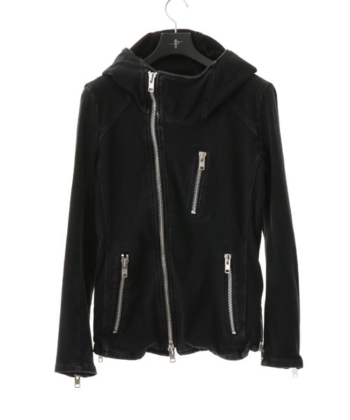 NO ID.(ノーアイディ)の「mj3272 - ニットデニムフーデッドライダースブルゾン(ライダースジャケット・メンズ・ブルー系その他/ブラック・1/3/2)」の2枚目の写真