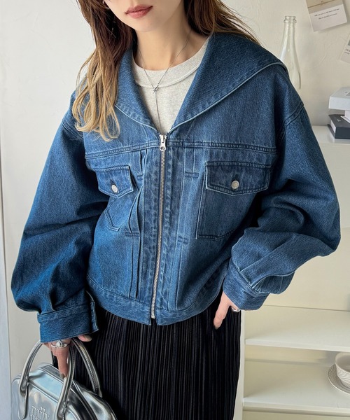 セール】1枚で旬顔コーデ♪綿100％セーラーカラージップアップデニム