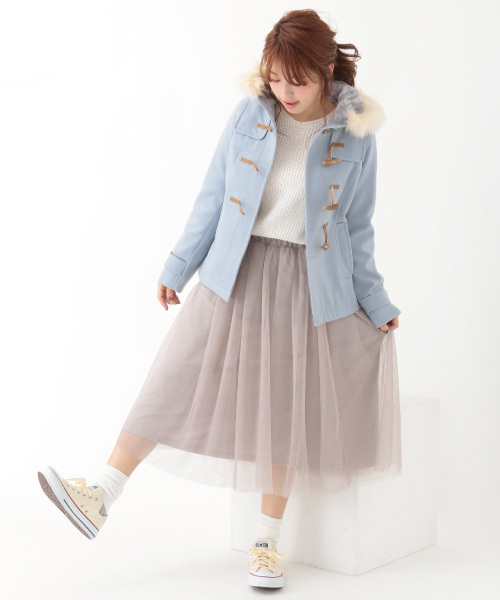 earth music&ecology（アースミュージックアンドエコロジー）の「チュールミディスカート（スカート・レディース・ベージュ/ネイビー/アイボリー/ライトグレー・FREE）」の2枚目の写真