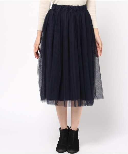 earth music&ecology（アースミュージックアンドエコロジー）の「チュールミディスカート（スカート・レディース・ベージュ/ネイビー/アイボリー/ライトグレー・FREE）」の5枚目の写真