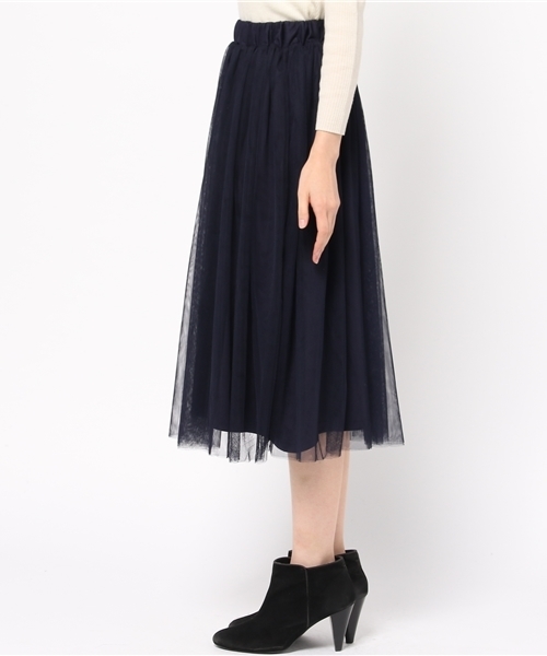 earth music&ecology（アースミュージックアンドエコロジー）の「チュールミディスカート（スカート・レディース・ベージュ/ネイビー/アイボリー/ライトグレー・FREE）」の6枚目の写真