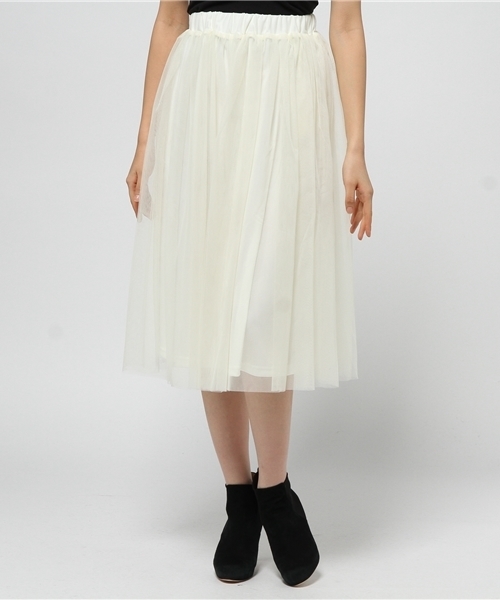earth music&ecology（アースミュージックアンドエコロジー）の「チュールミディスカート（スカート・レディース・ベージュ/ネイビー/アイボリー/ライトグレー・FREE）」の12枚目の写真