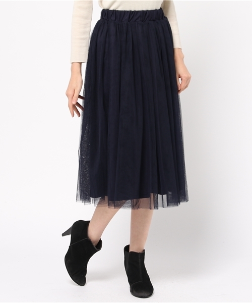 earth music&ecology（アースミュージックアンドエコロジー）の「チュールミディスカート（スカート・レディース・ベージュ/ネイビー/アイボリー/ライトグレー・FREE）」の15枚目の写真