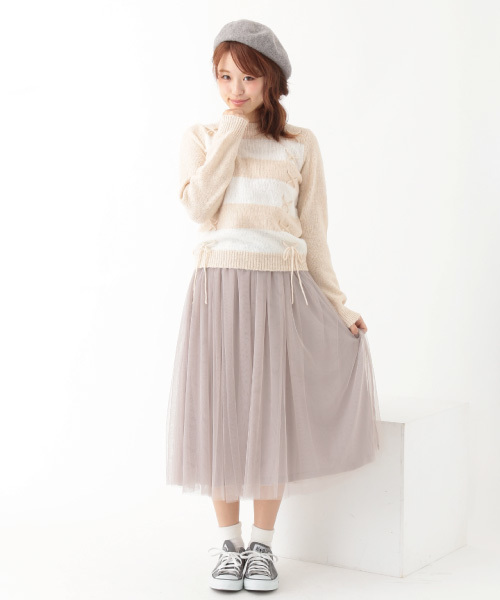 earth music&ecology（アースミュージックアンドエコロジー）の「チュールミディスカート（スカート・レディース・ベージュ/ネイビー/アイボリー/ライトグレー・FREE）」の16枚目の写真
