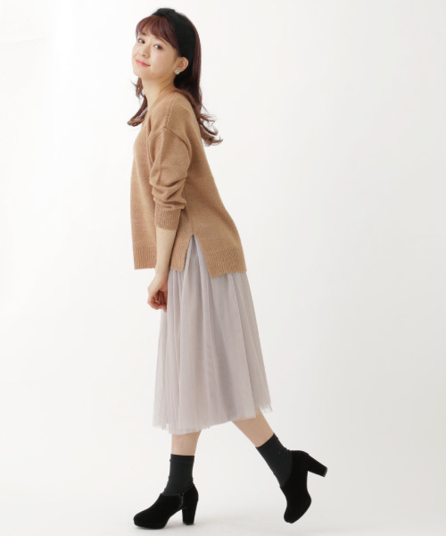 earth music&ecology（アースミュージックアンドエコロジー）の「チュールミディスカート（スカート・レディース・ベージュ/ネイビー/アイボリー/ライトグレー・FREE）」の17枚目の写真