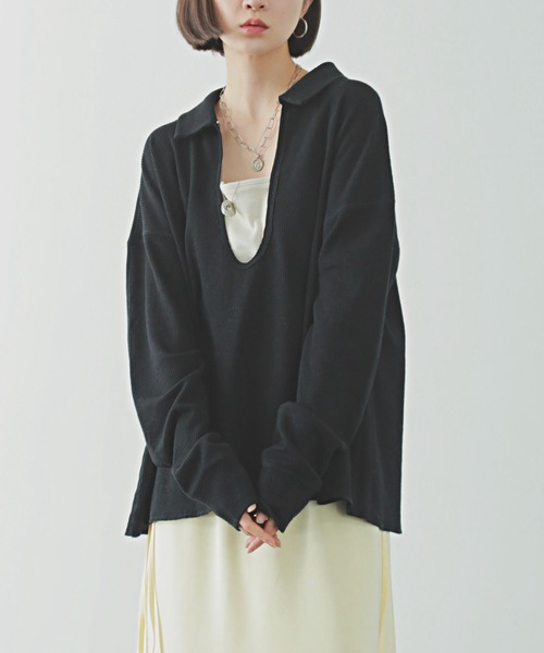 PURE BRIGHT（ピュアブライト）の「スキッパー襟サーマルトップス（Tシャツ/カットソー・レディース・オフホワイト/グレー/ブラック・FREE）」の5枚目の写真