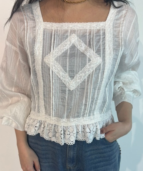 Unitage（ユニテージ）の「スクエアレースブラウス（シャツ/ブラウス・レディース・ホワイト/ピンク・FREE）」の6枚目の写真