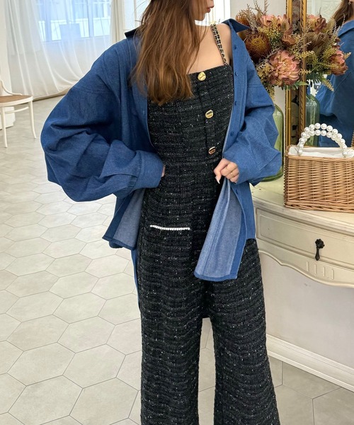 ROYAL PARTY（ロイヤルパーティー）の「ダブルチェーンストラップツイードオールインワン（つなぎ/オールインワン・レディース・ブラック/ネイビー/オフホワイト/ピンク・FREE）」の11枚目の写真