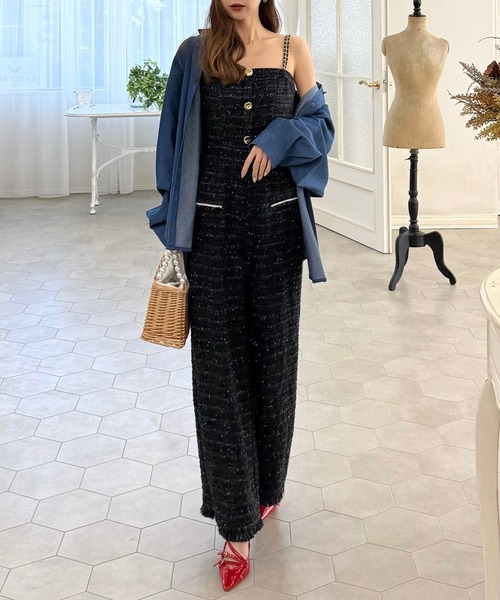 ROYAL PARTY（ロイヤルパーティー）の「ダブルチェーンストラップツイードオールインワン（つなぎ/オールインワン・レディース・ブラック/ネイビー/オフホワイト/ピンク・FREE）」の9枚目の写真