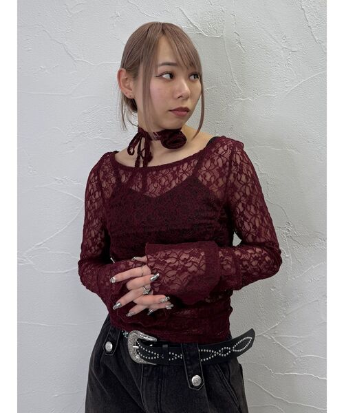 レースギャザーシアートップス コサージュ付き（Tシャツ