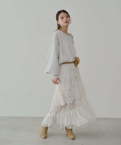 Chico（チコ）の「スリットティアードレーススカート（スカート・レディース・ブラック/ライトベージュ/ホワイト・FREE）」の6枚目の写真