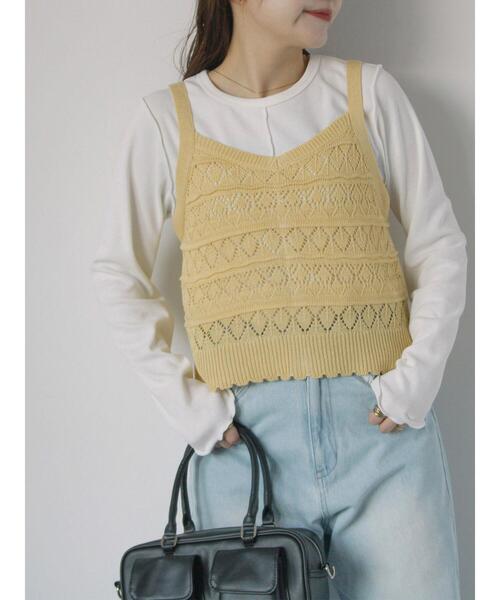 ehka sopo（エヘカソポ）の「前後2WAY透かし編みビスチェ（ニット/セーター・レディース・オフホワイト/イエロー/グリーン/サックスブルー・F）」の4枚目の写真