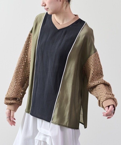 DOLLUPOOPS（ドールアップウップス）の「配色異素材切替トップス（シャツ/ブラウス・レディース・オレンジ/ブラック/チャコールグレー・38）」の2枚目の写真