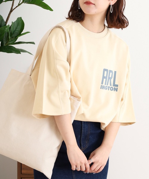 hunch(ハンチ)の「hunch ミニ裏毛ロゴプリント5分袖Tシャツ(Tシャツ/カットソー・レディース・チャコール/アイボリー/ベージュ・FREE)」の3枚目の写真