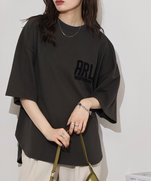 hunch(ハンチ)の「hunch ミニ裏毛ロゴプリント5分袖Tシャツ(Tシャツ/カットソー・レディース・チャコール/アイボリー/ベージュ・FREE)」の20枚目の写真