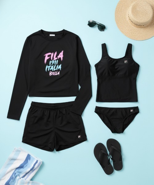 【FILA:フィラ】レディースTシャツ+タンキニ4点セット水着/水陸両用UVカットラッシュガード・バギーショーツ付きタンキニ(水着)