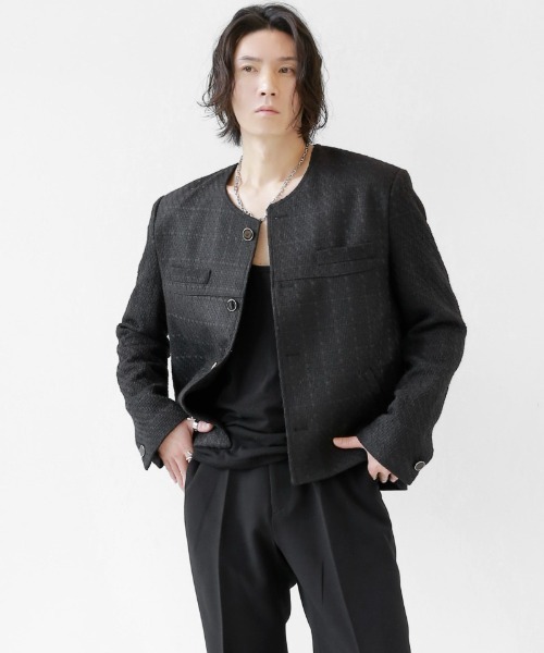 minsobi(ミンソビ)の「クラシックノーカラーツイードジャケット(テーラードジャケット・メンズ・ブラック・MEDIUM)」の1枚目の写真