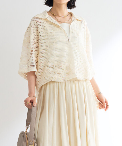 un dix cors(アンディコール)の「《程よい透け感》格子レースZIP付シャツ(シャツ/ブラウス・レディース・ホワイト系その他/ブラック・FREE)」の1枚目の写真