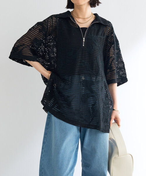 un dix cors(アンディコール)の「《程よい透け感》格子レースZIP付シャツ(シャツ/ブラウス・レディース・ホワイト系その他/ブラック・FREE)」の2枚目の写真
