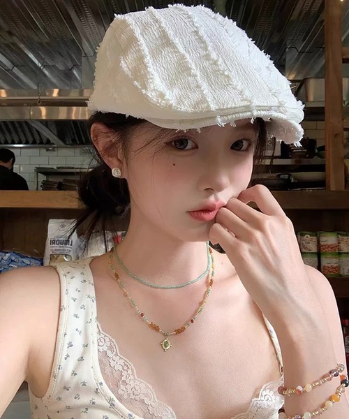 shopnikoniko(ショップニコニコ)の「ハンチング帽 夏 ストライプフリンジ ベレー帽 ハンチング帽子(ハンチング/ベレー帽・レディース・ブラック/ピンク/ホワイト・フリー)」の2枚目の写真