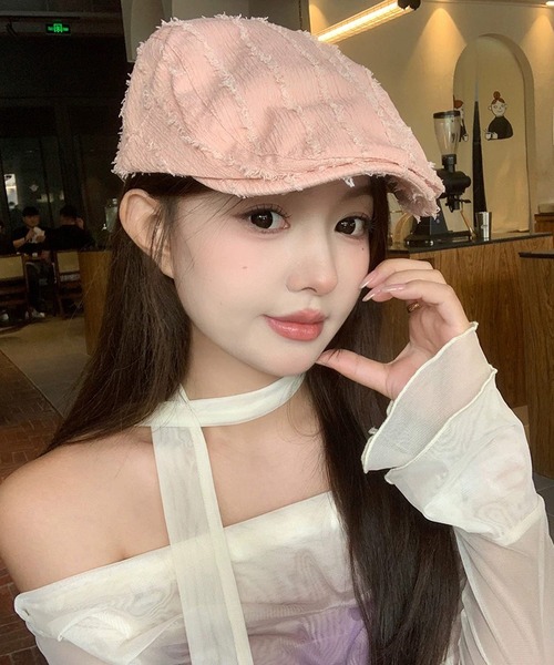 shopnikoniko(ショップニコニコ)の「ハンチング帽 夏 ストライプフリンジ ベレー帽 ハンチング帽子(ハンチング/ベレー帽・レディース・ブラック/ピンク/ホワイト・フリー)」の3枚目の写真