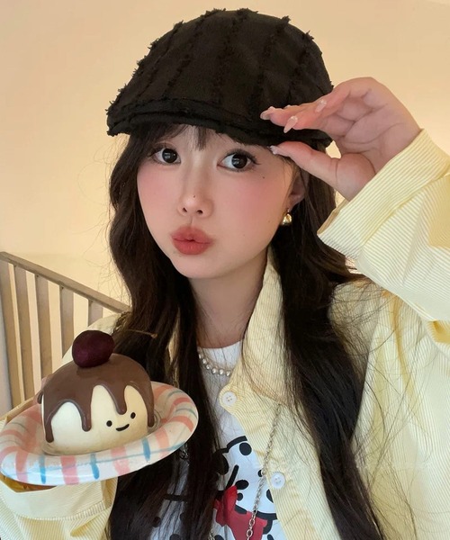 shopnikoniko(ショップニコニコ)の「ハンチング帽 夏 ストライプフリンジ ベレー帽 ハンチング帽子(ハンチング/ベレー帽・レディース・ブラック/ピンク/ホワイト・フリー)」の5枚目の写真