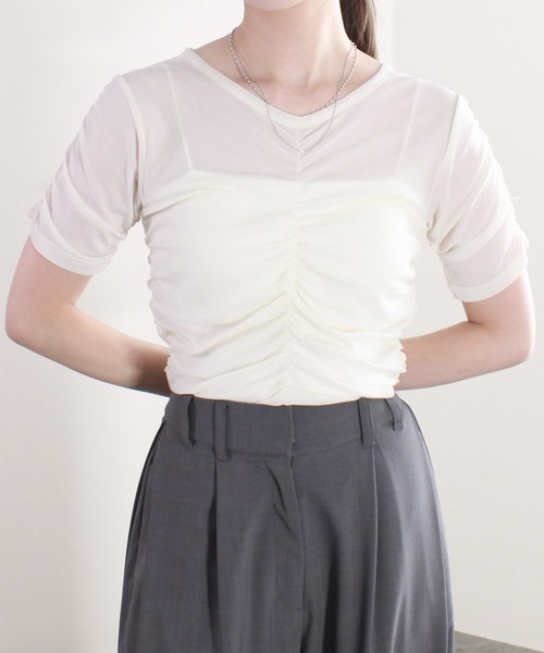 tシャツ 「ZOZO限定」シアーギャザートップ／夏トップス　シアー　アイボリー　チャコール　ブラック　シンプル　大人かわいい　きれいめ　カジュアル レ ZOZO限定】シアーギャザートップ／夏トップス シアー アイボリー