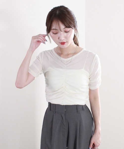 tシャツ 「ZOZO限定」シアーギャザートップ／夏トップス　シアー　アイボリー　チャコール　ブラック　シンプル　大人かわいい　きれいめ　カジュアル レ ZOZO限定】シアーギャザートップ／夏トップス シアー アイボリー