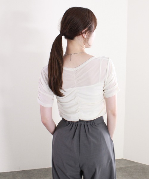tシャツ 「ZOZO限定」シアーギャザートップ／夏トップス　シアー　アイボリー　チャコール　ブラック　シンプル　大人かわいい　きれいめ　カジュアル レ ZOZO限定】シアーギャザートップ／夏トップス シアー アイボリー